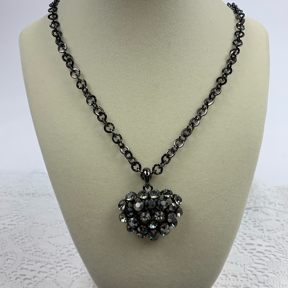 Erica Lyons Jeweled Heart Necklace Gun metal chain with sparkle jewels New NWT